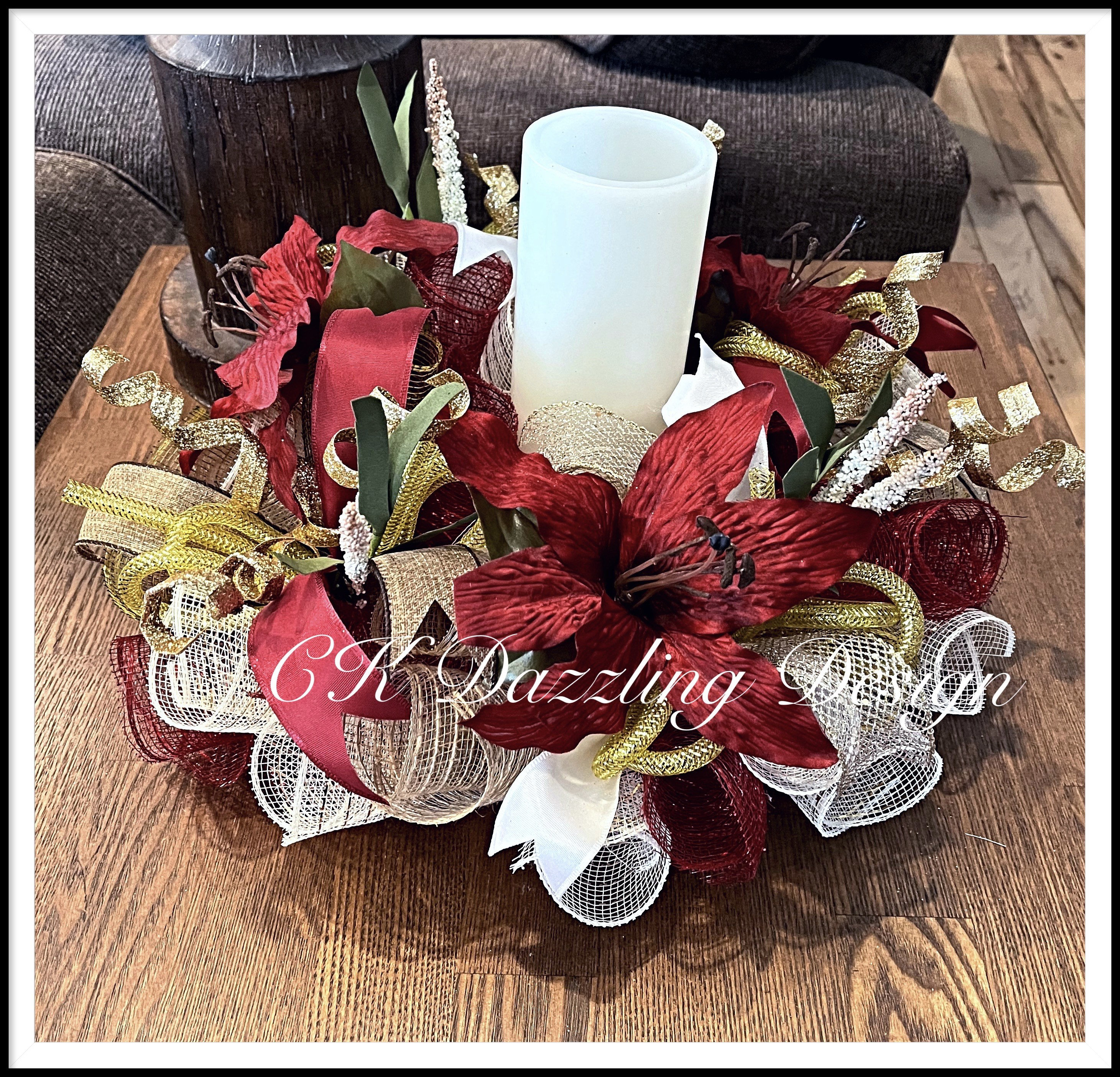 Burgundy Lily Deco Mesh Centerpiece