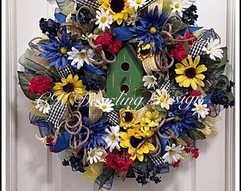 Black checkered buffalo blue sunflower birdhouse wreath/sunflower wreath/Summer wreaths/harvest wreath/Buffalo plaid birdhouse Wreath