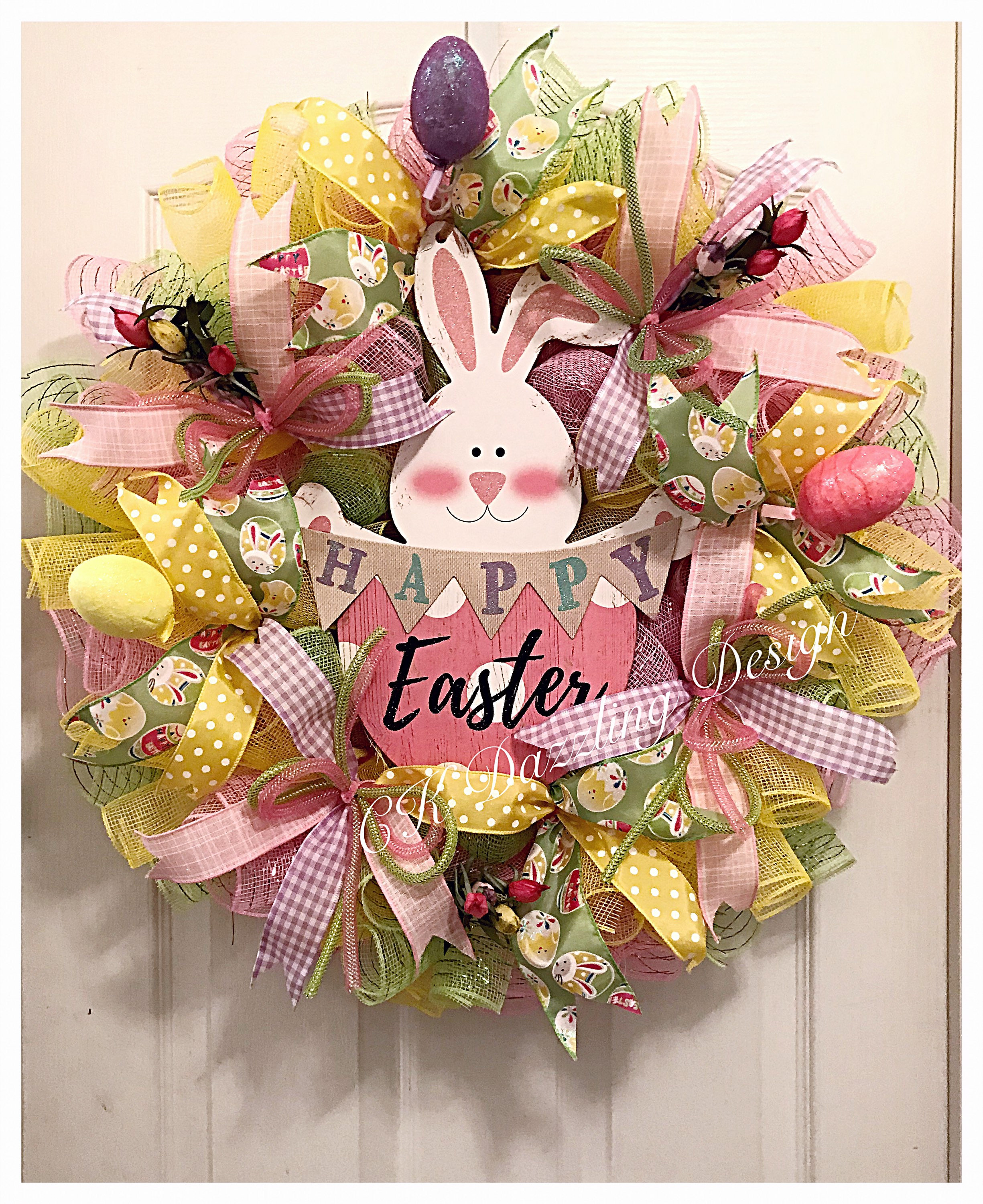 Easter Bunny Deco Mesh Wreath/Bunny Wreath/Easter Wreath/Spring Wreath/Pink & Yellow Wreath/Happy Wreath