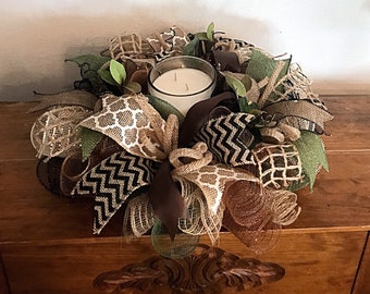 15" Burlap, moss and cream deco mesh candle arrangement(candle not included)/burlap candle arrangement