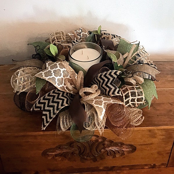 15" Burlap, moss and cream deco mesh candle arrangement(candle not included)/burlap candle arrangement