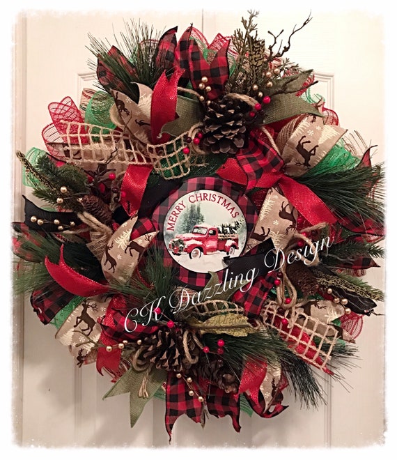 Buffalo Plaid Tree Red Truck Mesh Tree Rustic Truck Decor Farmhouse Decor Tree for Small Spaces Special Delivery Front Door Christmas