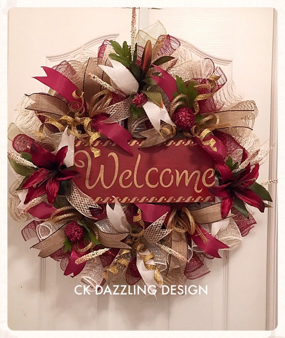 Welcome Lily Deco Mesh Wreath Everyday Welcome Wreath Burgundy Etsy