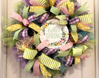 Hello Spring Deco Mesh Wreath/Spring Wreath/pink and yellow wreath