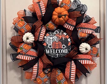 Fall Pumpkin Deco Mesh Wreath, Autumn Door Decor (24 inches)