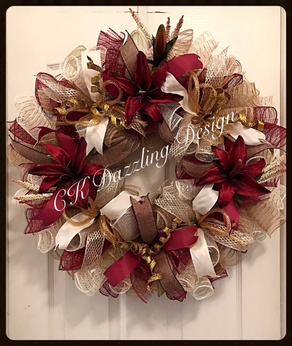 Elegant Lily Deco Mesh Wreath/Burgundy Wreath/Burlap Etsy