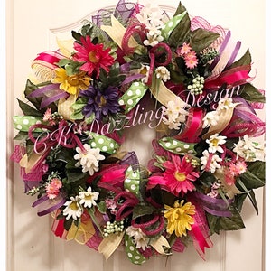 Garden Deco Mesh Wreath/Mothers Day Spring and Summer Daisy Wreath/Spring Wreath/Summer Wreath/Daisy Wreath/Purple, Yellow and P