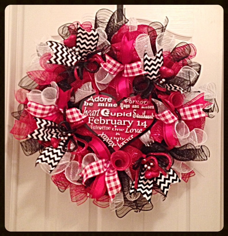 Valentine Red, Black and White Heart Deco Mesh Wreath/Red, Black and White Wreath/Valentine Wreath image 1