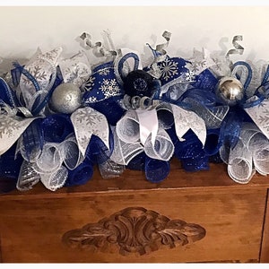 36" Winter Blue, Silver and White deco mesh arrangement/Winter Blue Swag/Blue Swag/Winter Blue and Silver Centerpiece