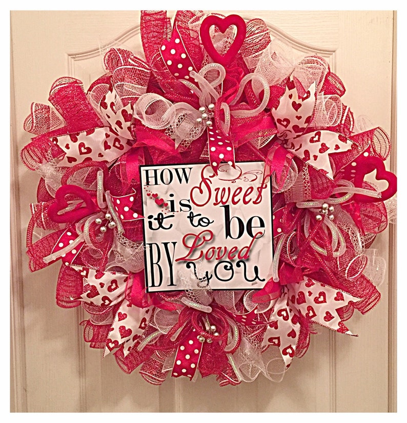 Valentine Red and White Deco Mesh Wreath/ Red and White Wreath/Valentine Wreath/Valentine Sign Wreath image 1