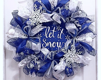 Let It Snow Blue snowflake deco mesh wreath/Blue Christmas wreath/snowflake wreath/let it snow wreatth