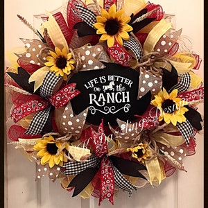 Life is better on the ranch sunflower burlap deco mesh wreath/sunflower wreath/ranch wreath/Summer wreath