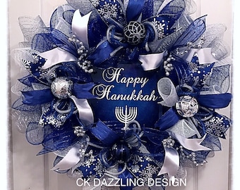 Happy Hanukkah deco mesh wreath/Hanukkah Wreath/Blue and silver Hanukkah wreath/Blue Hanukkah Wreath