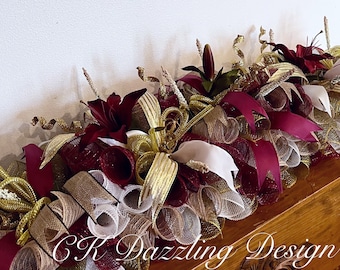 36" Elegant Burgundy Lily Deco Mesh Mantel Arrangement/Burgundy Lily Arrangement/Burgundy Lily Centerpiece/Lily Mantel Arrangement