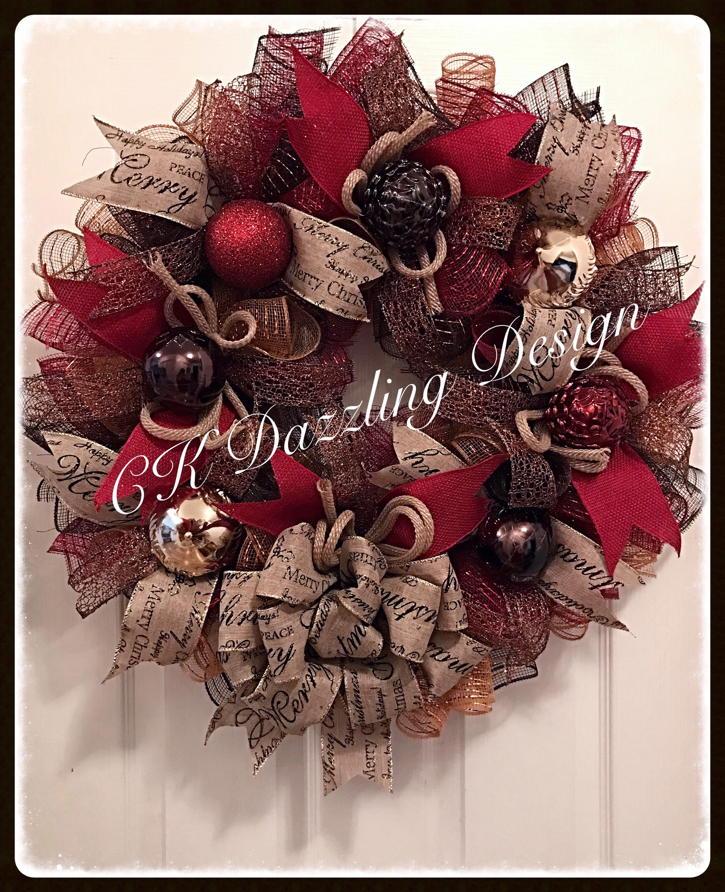 Christmas Chocolate Burgundy and Burlap Deco Mesh Wreath/christmas