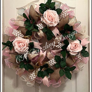 Elegant Soft Pink Rose Floral Deco Mesh Wreath/Pink, Cream, Moss Green and Burlap Wreath /Spring Wreath/Mothers Day Wreath