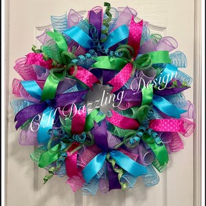 Spring Pink, Lime, Turquoise and Purple Deco Mesh Wreath/Lime, Purple, Turquoise and Hot Pink Wreath/Spring Wreath