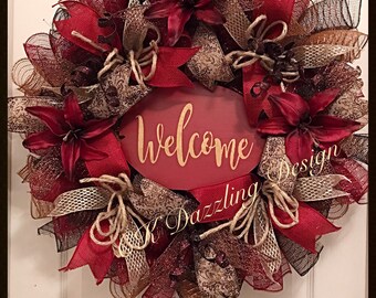 Welcome Burgundy Lily and Chocolate Deco Mesh Wreath/Burgundy, Brown and Chocolate Wreath/ Lily Wreath/welcome Lilly wreath