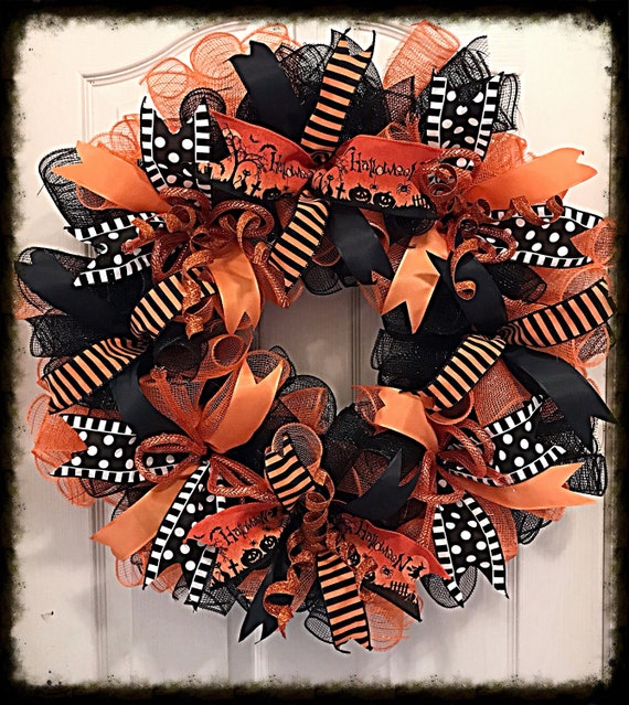 Halloween Orange and Black Deco Mesh Wreath/Halloween