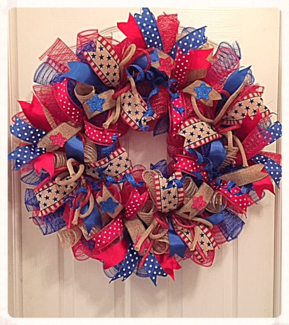Patriotic Red Blue And Burlap Deco Mesh Wreath 4th Of July Etsy