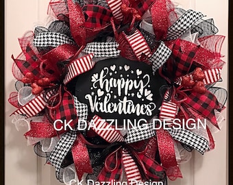 Happy valentines day buffalo plaid Wreath/valentines wreath/Red and black Wreath/Buffalo plaid Wreath