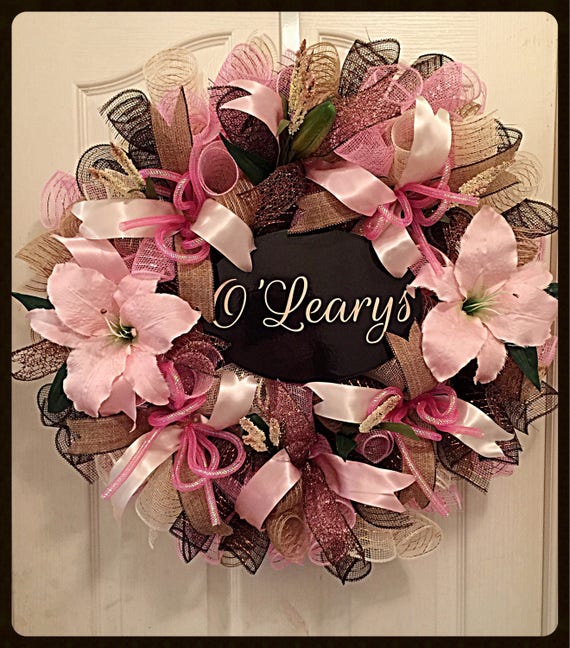 Customized Lily deco mesh wreath/Family Name Lily wreath/Pink Etsy
