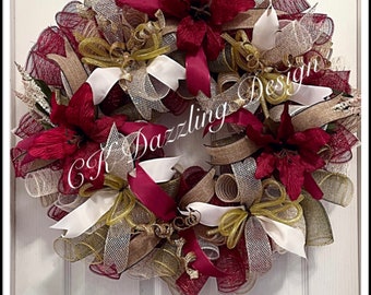 Elegant Lily Deco Mesh Wreath/Burgundy Wreath/Burlap Wreath/Mothers Day Burgundy, Cream, Moss Green and Burlap Lily Deco Mesh Wreath/Lily Wr