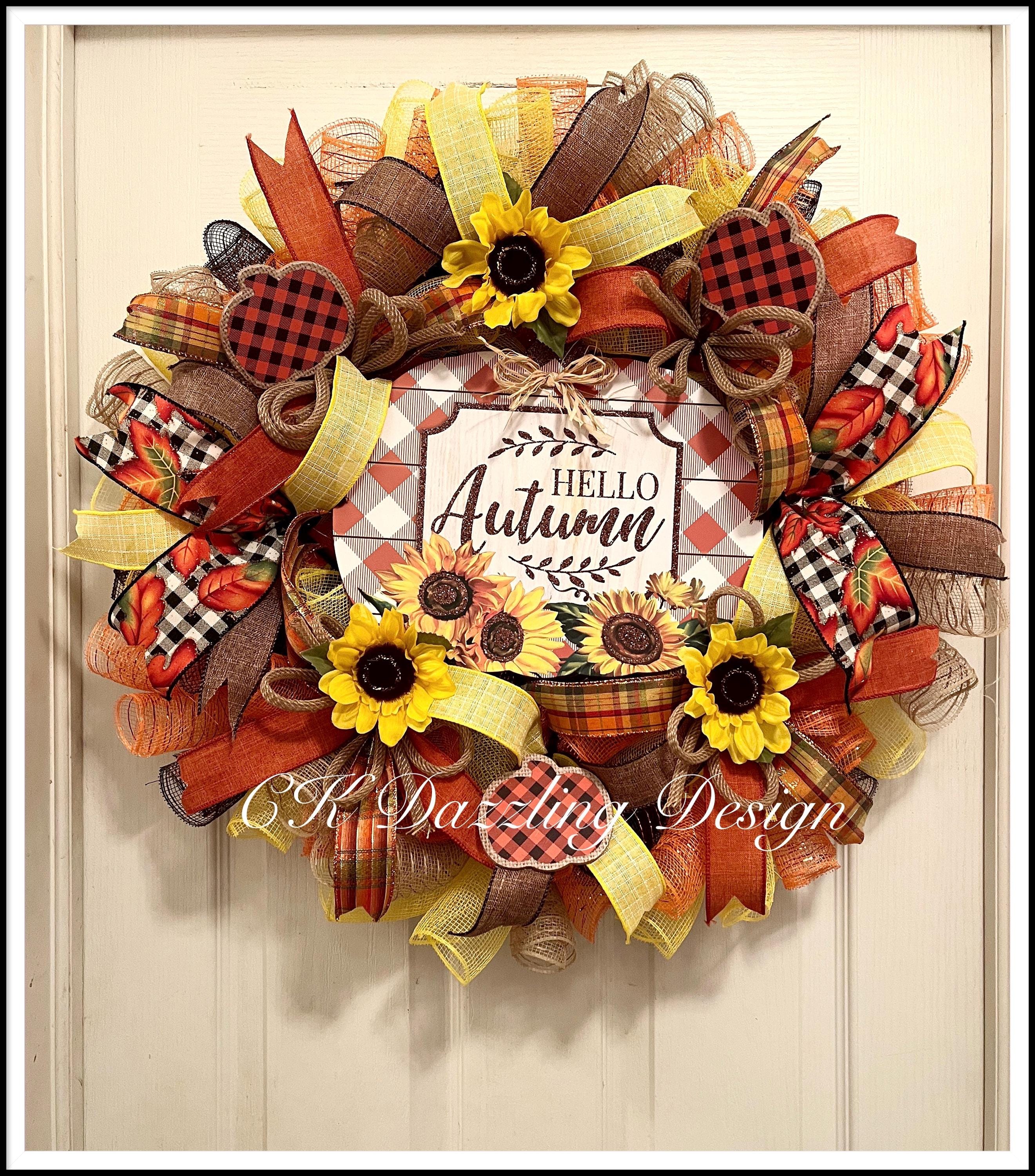 Sunflower Autumn Wreath - Orange Checkered Pumpkin Deco Mesh - Etsy