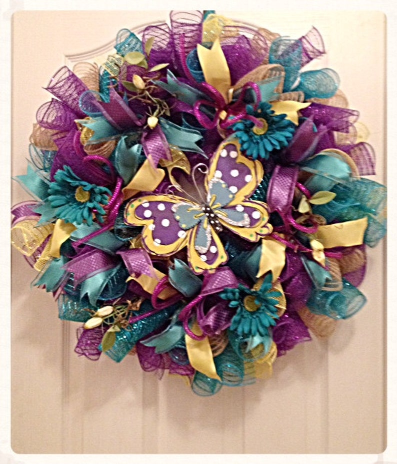 Butterfly Teal Purple and Yellow Deco Mesh Wreath/Mothers Day Etsy