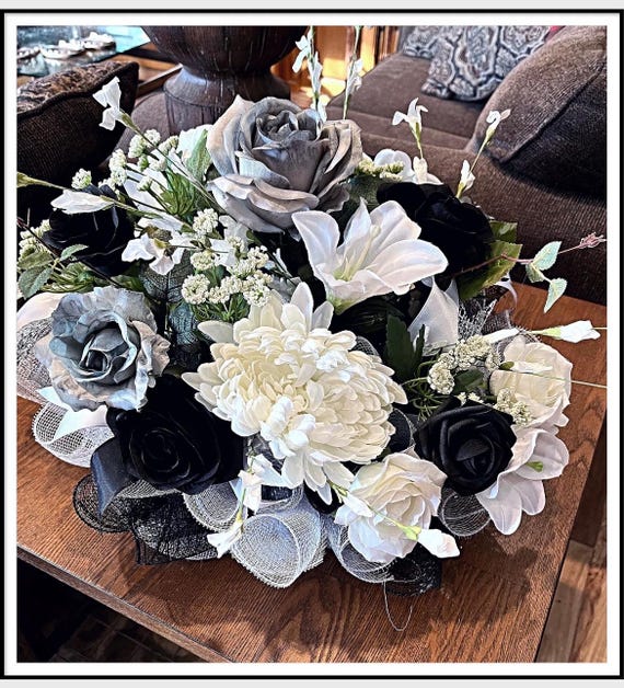 20 Silver white and black table arrangement Silver Rose table arrangement Silver black and white rose centerpiece