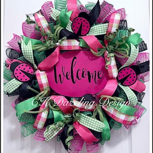 Lady Bug Welcome Hot Pink Picnic Deco Mesh Wreath/Pink Lady Bug Wreath/welcome Wreath/Summer Wreath