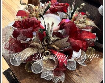 20" Burgundy Lily Centerpiece(candle not included)/Burgundy, Moss, Burlap and Cream Lily Deco Mesh Centerpiece/Burgundy Lily Arrangement