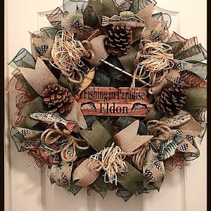 Personalized memorial fishing in paradise Deco mesh wreath/memorial wreath/gone fishing wreath/Cabin wreath/Fish Wreath