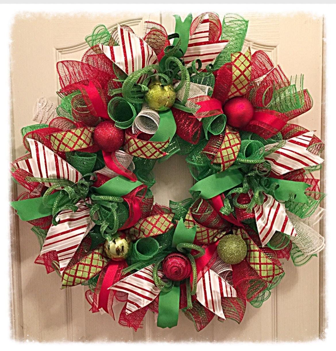 Red, White and Lime Deco Mesh Wreath/christmas Wreath/lime