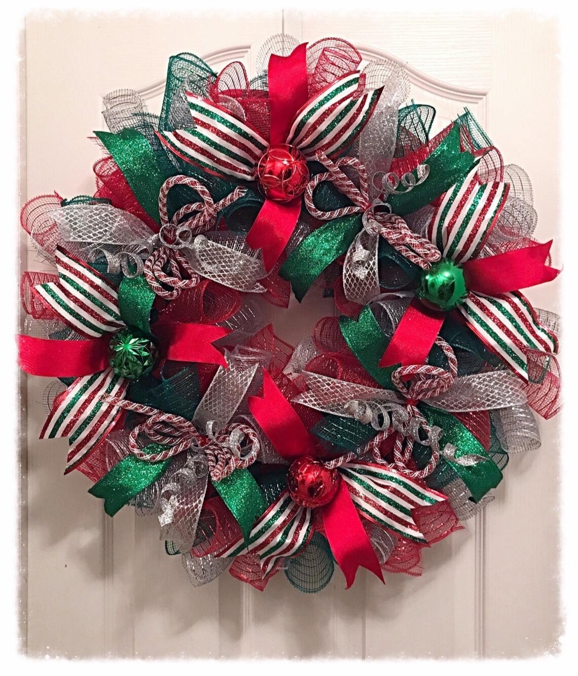 Candy Striped Merry Christmas Deco Mesh Wreath/red, Silver and Green ...