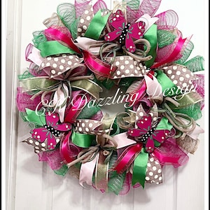 Spring Butterfly Pink and Lime Deco Mesh Wreath/Spring Wreath/Poke A Dot Wreath/Pink and Lime Spring Wreath/Butterfly Wreath