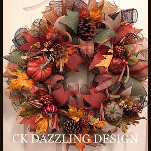 Fancy Fall Deco Mesh Wreath/Fall Wreath/Orange, Brown and Burlap Wreath/Sunflower Fall Wreath/Thanksgiving Wreath/Autumn Wreath