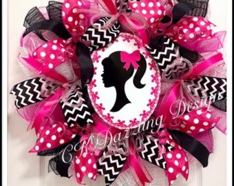 Barbie Silhouette Pink and Black Deco Mesh Wreath/barbie Wreath/pink  Wreath/girl Wreath 