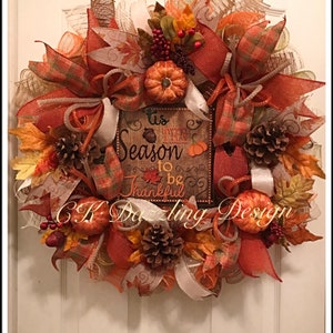 Fall Tis The Season Deco Mesh Wreath/Fall Wreath/Pumpkin Wreath/Pinecone Wreath/Cabin Wreath/Autumn Wreath/Acorn Wreath
