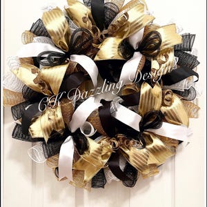 Elegant Black, Gold and White Deco Mesh Wreath/Black, Gold and White Wreath/Black and Gold Wreath