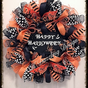Happy Halloween Deco Mesh Wreath/Halloween Wreath/Orange and black Halloween wreath/spider wreath/Halloween cat wreath