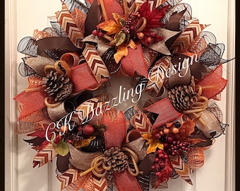 Fall Deco Mesh Wreath/Autumn Deco Mesh Wreath/Thanksgiving Deco Mesh Wreath/Fall Wreath/Pinecone Fall Wreath