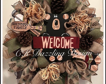 Custom Welcome Bear Wreath: Cabin Decor, Personalized Family Name