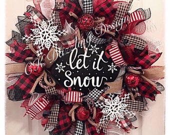 Let it snow buffalo plaid deco mesh wreath/let it snow Wreath/Buffalo plaid Wreath/Red and black buffalo Wreath