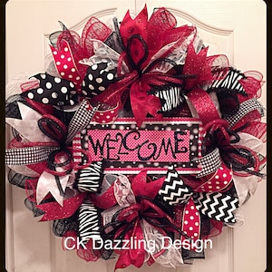Welcome Red, Black and White Everyday Deco Mesh Wreath/welcome wreath/Red, black and white wreath/every day wreath