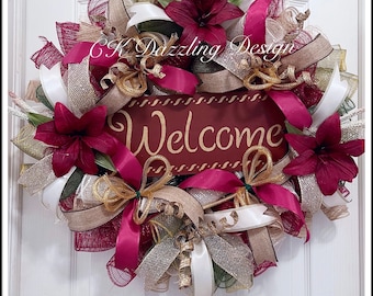 Welcome Lily Deco Mesh Wreath/Everyday Welcome Wreath/Burgundy Lily Welcome Wreath/Welcome Wreath/Summer Wreath/Lily Wreath