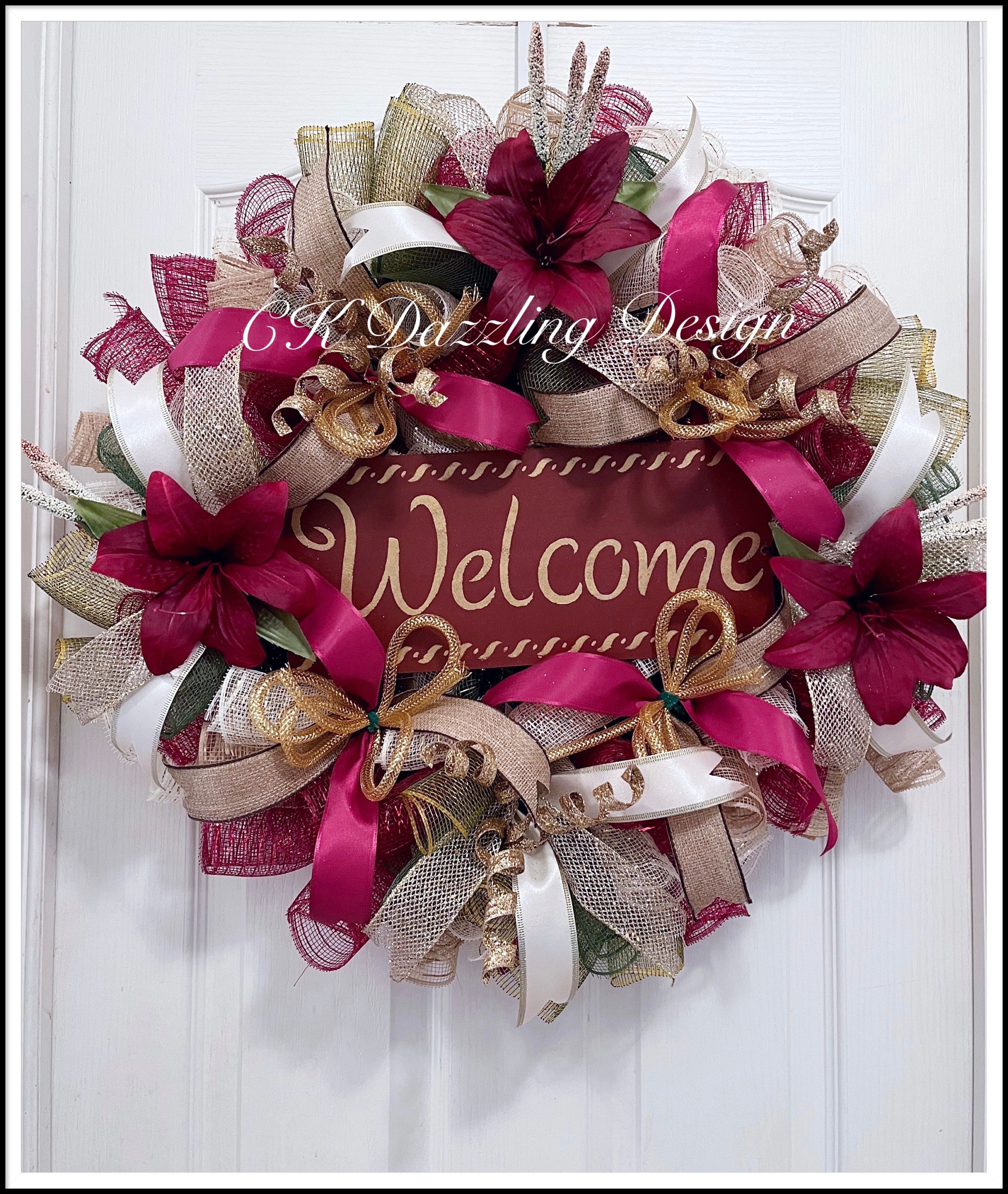 Burgundy Lily Welcome Wreath: Deco Mesh, Burlap Ribbons - Etsy