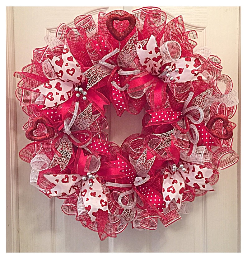 Valentine Red and White Deco Mesh Wreath/ Red and White Wreath/Valentine Wreath image 1