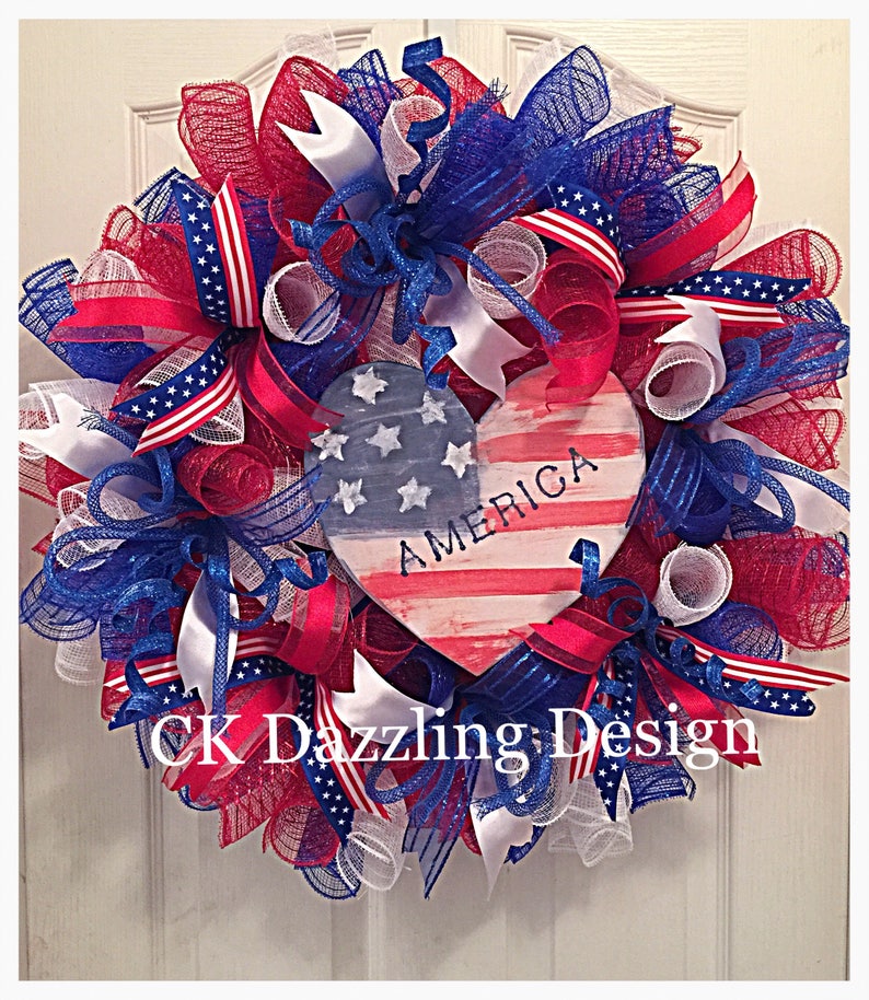 4th Of July Flag Deco Mesh WreathPatriotic Flag WreathFlag WreathAmerica 4th Of July WreathAmerica Heart Flag Wreath