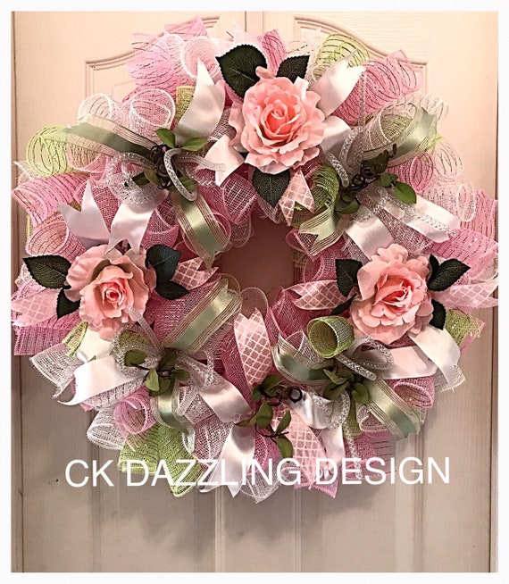 Pink Rose Deco Mesh Wreath/Spring Pink Rose Wreath/Pink Etsy